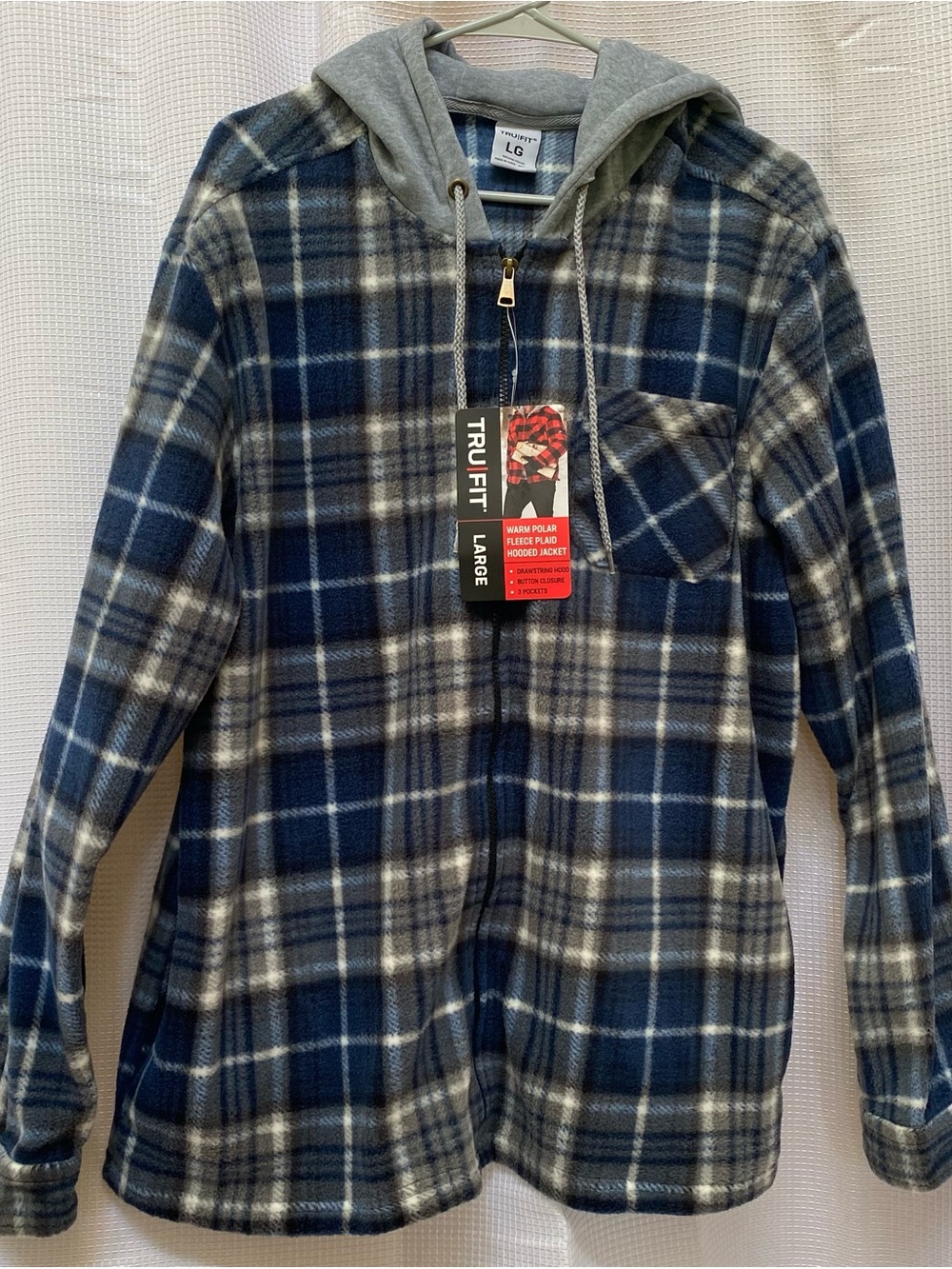 Men’s TRUFIT Hooded Plaid Fleece Jacket Large NWT